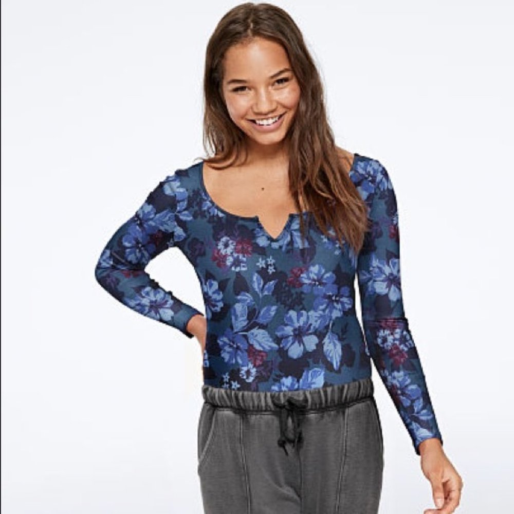 PINK Victoria's Secret Blue Floral Bodysuit Long Sleeves Thong Bottom‎ NWT